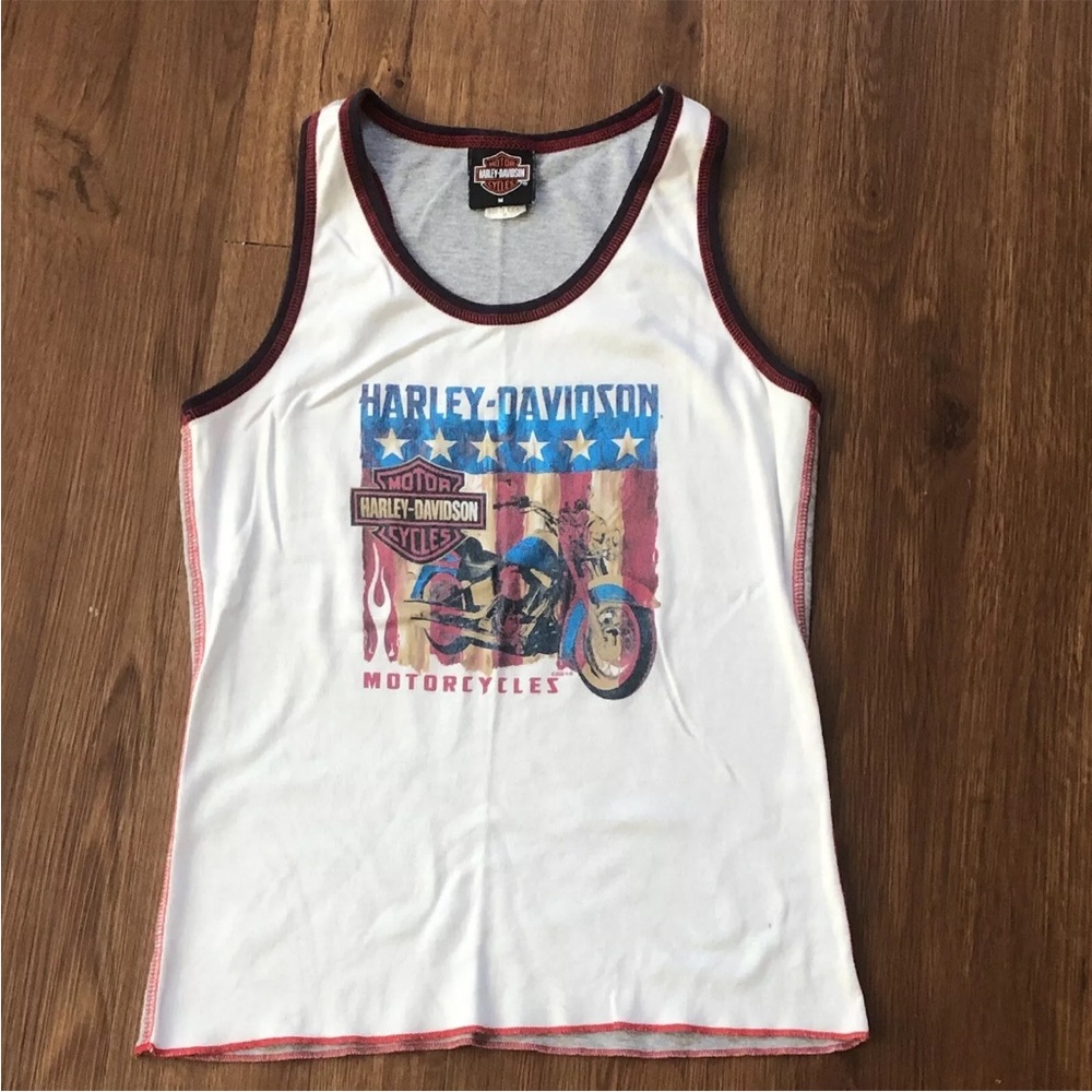 Harley Davidson Tank Top Womens Medium White American Flag Patriotic Made USA